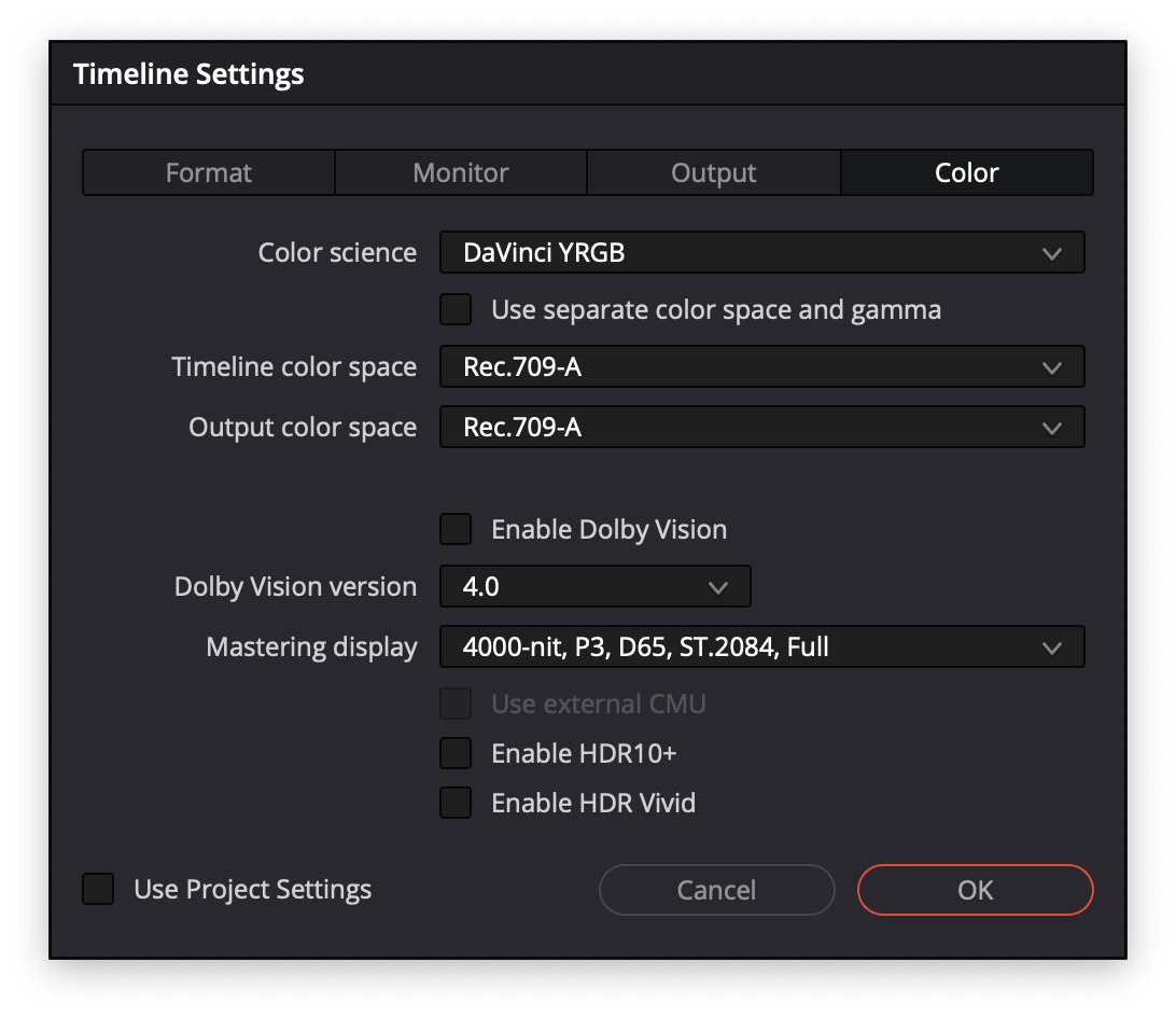 color settings on project settings